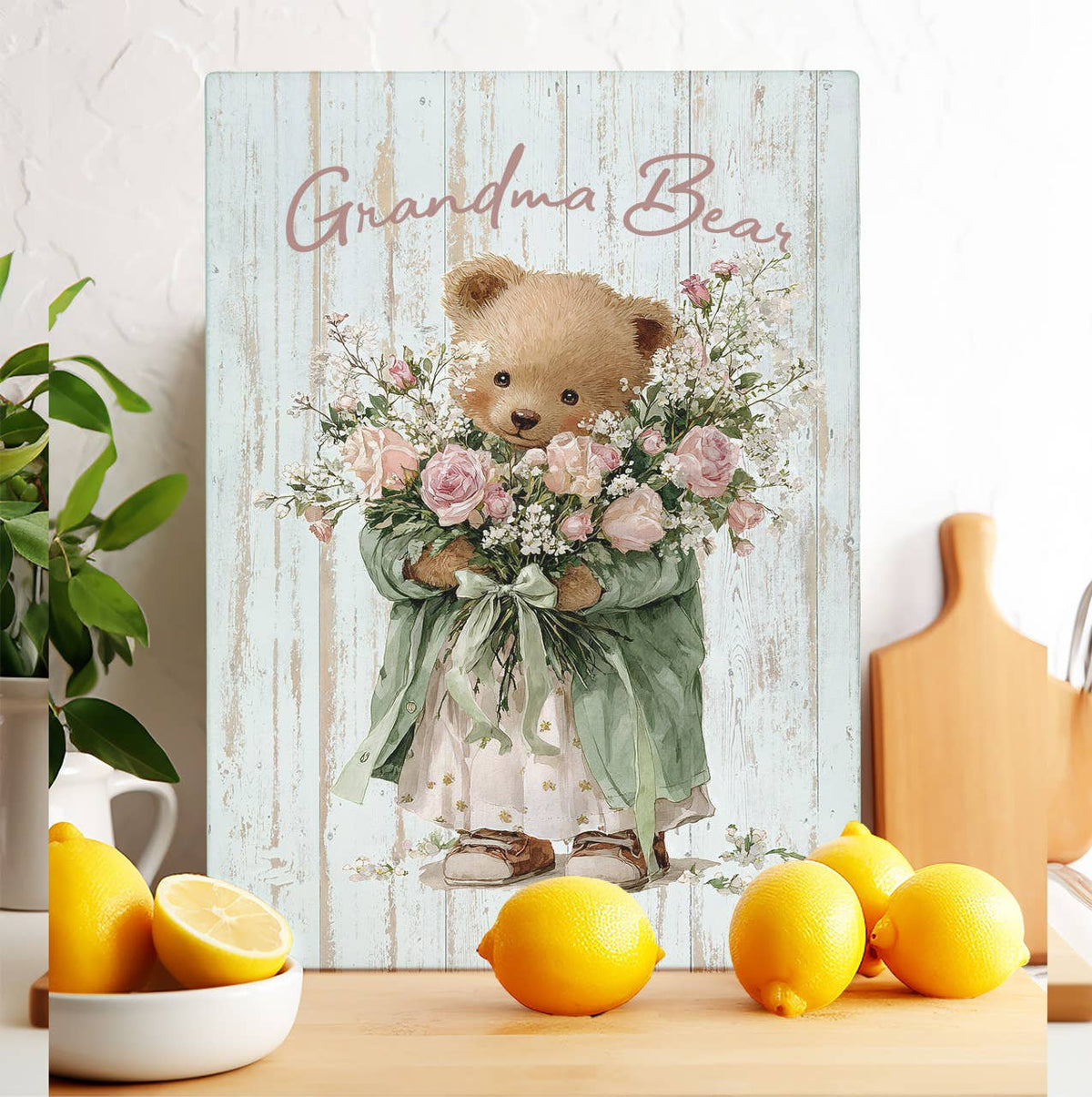 Mother's Day Grandma Bear Glass Cutting Board