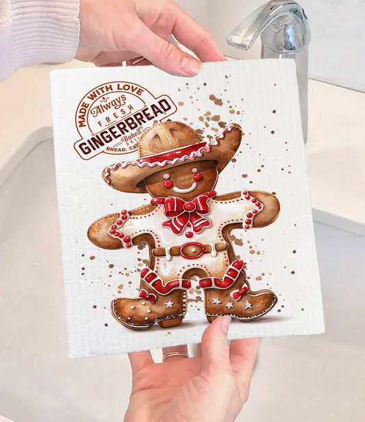 Cowboy Gingrbread Man Christmas Swedish Dishcloth-Sets of 2