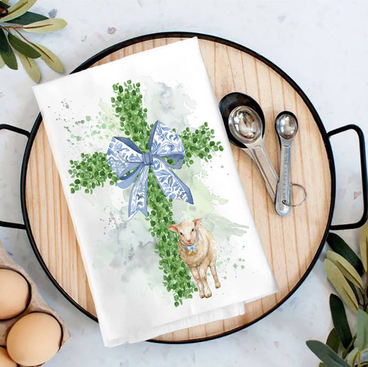 Easter Boxwood Cross Lamb Spiritual Tea Towel