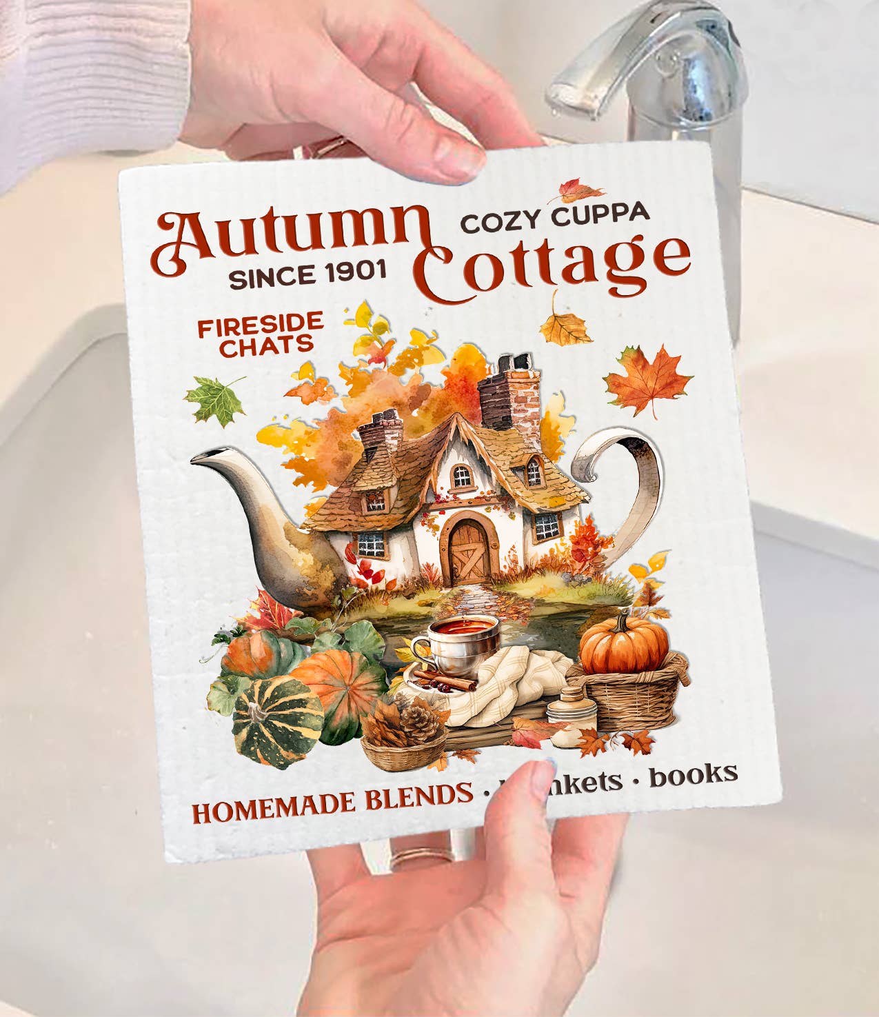 Autumn Fall Tea Cottage Swedish Dishcloth-Sets of 2