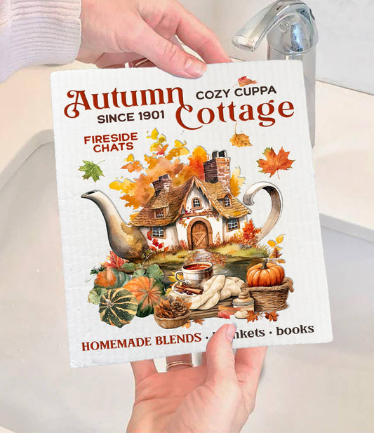 Autumn Fall Tea Cottage Swedish Dishcloth-Sets of 2