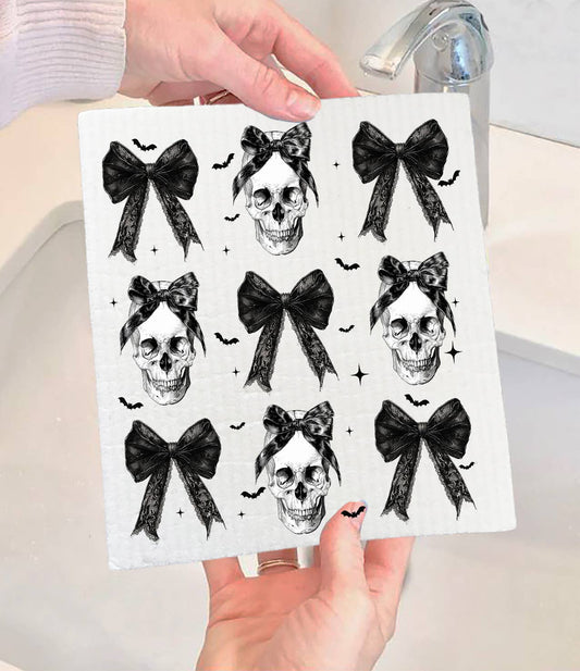 Halloween Skeltons and Bows Swedish Dishcloth-Sets of 2