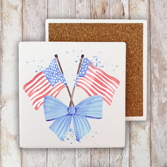 Patriotic Watercolor Flag Bow Stone Coaster (Set of 2)