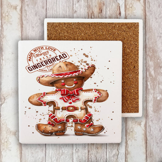 Cowboy Gingrbread Man Christmas Stone Coaster-Sets of 2