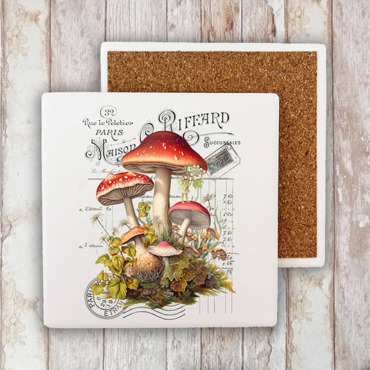Vintage French Red & White Mushrooms Stone Coaster