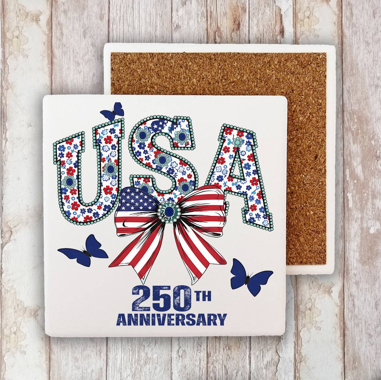 Patriotic USA Bow 250 Anniversary America Stone Coaster