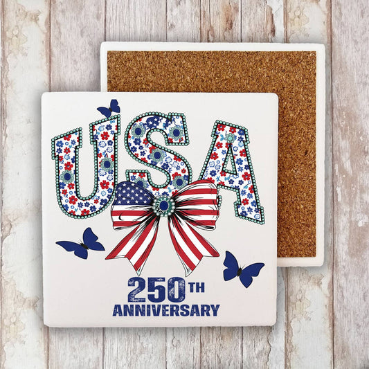 Patriotic USA Bow 250 Anniversary America Stone Coaster