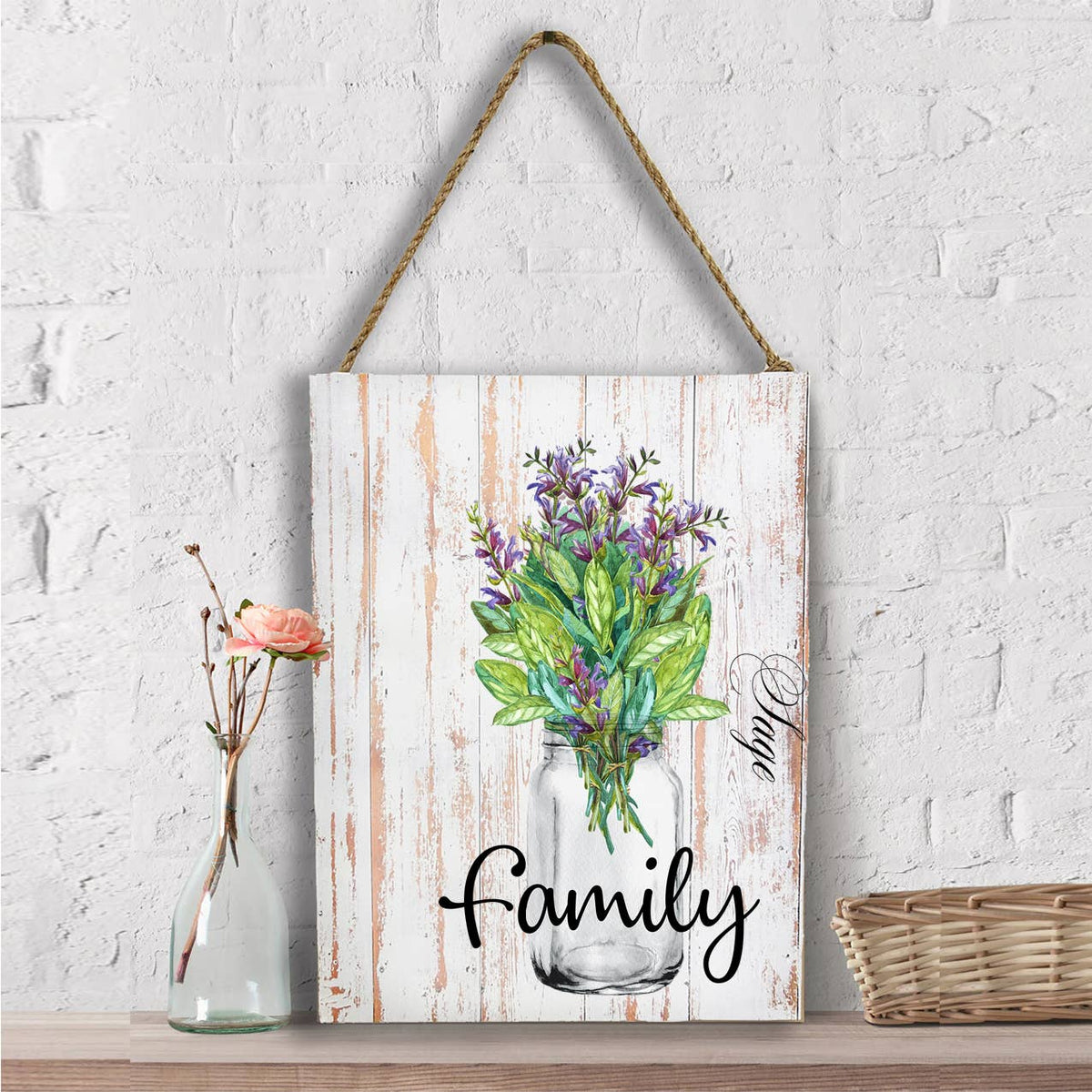 Family Flowers Mason Jar Sage, Wall Decor