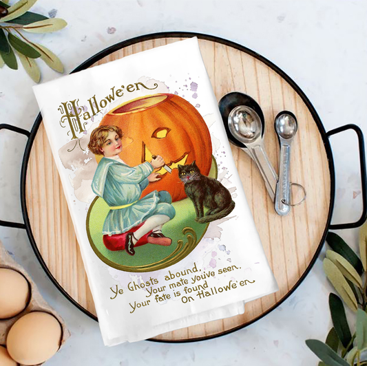 Halloween Vintage Pumpkin Black Cat Tea Towel
