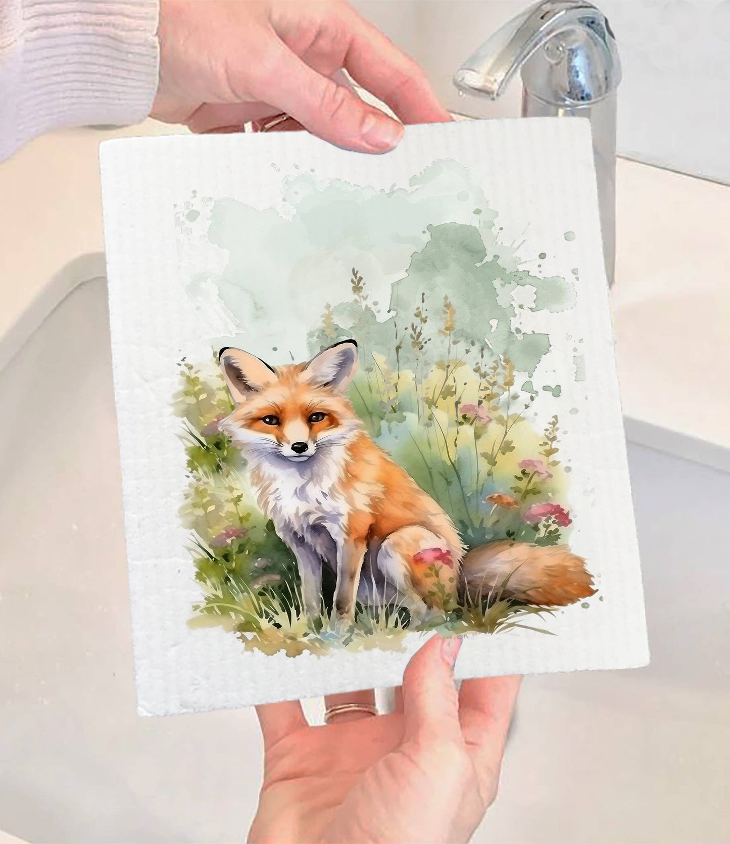 Fox Animal in Grass Flowers Swedish Dishcloth (Set of 2)