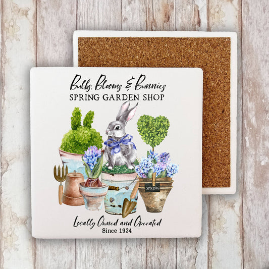 Spring Garden Flowers Bunnies Stone Coaster