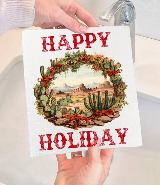 Christmas Cactus Happy Holiday Swedish Dishcloth-Sets of 2