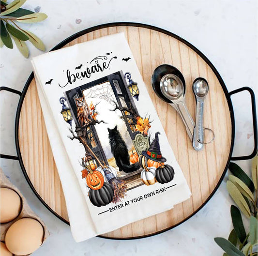 Halloween Beware Black Cat Pumpkins Tea Towel