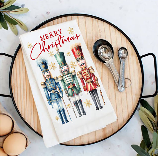 Merry Christmas Holiday Nutcrackers Tea Towel