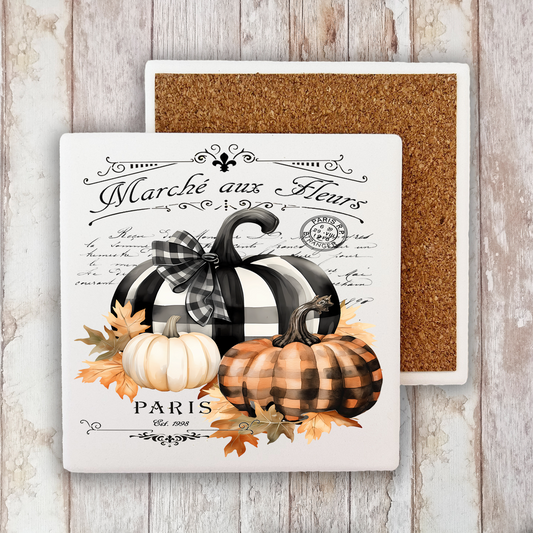 Fall French Black white Checkered Pumpkins Stone Coaster (Set of 2)