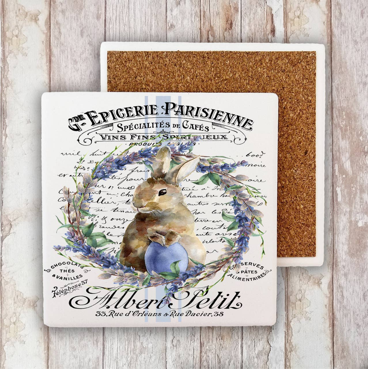 Vintage Easter Bunny Lavender French Stone Coaster