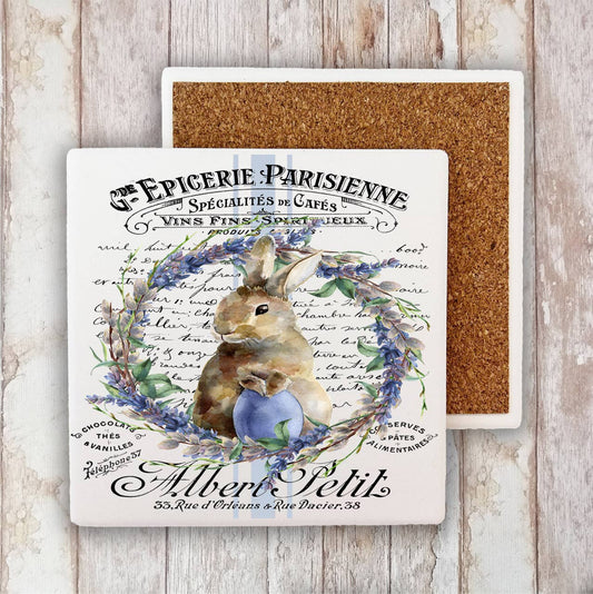 Vintage Easter Bunny Lavender French Stone Coaster