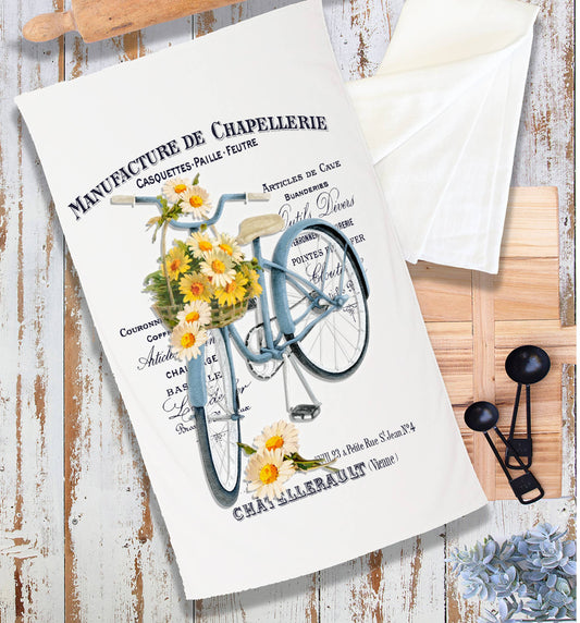 Vintage French Daisy Bicycle Shabby Chic Terry Towel