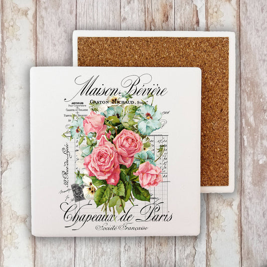 Vintage French Garden Roses Paris Stone Coaster