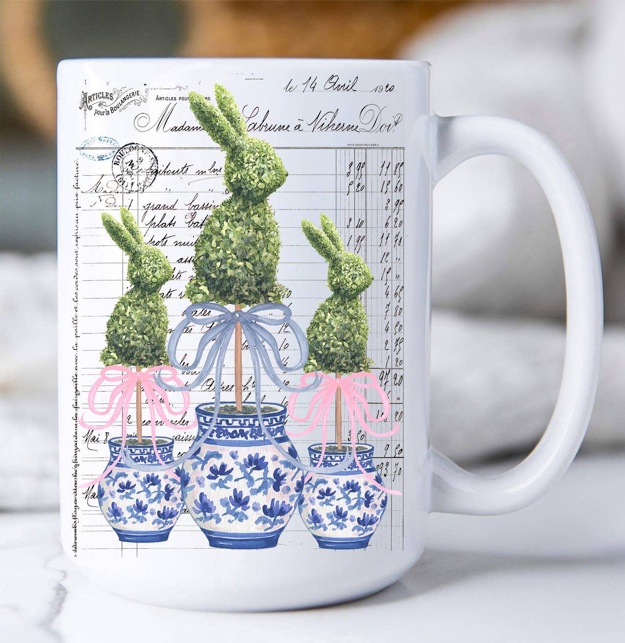 Easter Blue and White Topiary Vintage Coffee Mug