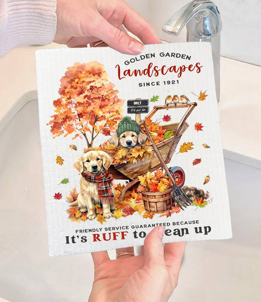 Autumn Fall Golden Retriever Gardens Swedish Dishcloth-Sets of 2