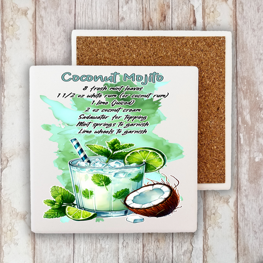Summer Cocktail Coconut Mojito Stone Coaster (Set of 2)