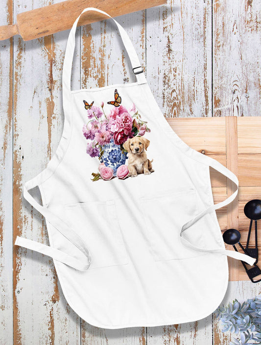 Golden Retreiver Puppy Vase Flowers Kitchen Cotton Apron