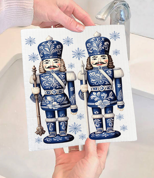 Christmas Nutcrackers Blue & White Swedish Dishcloth (Set of 2)