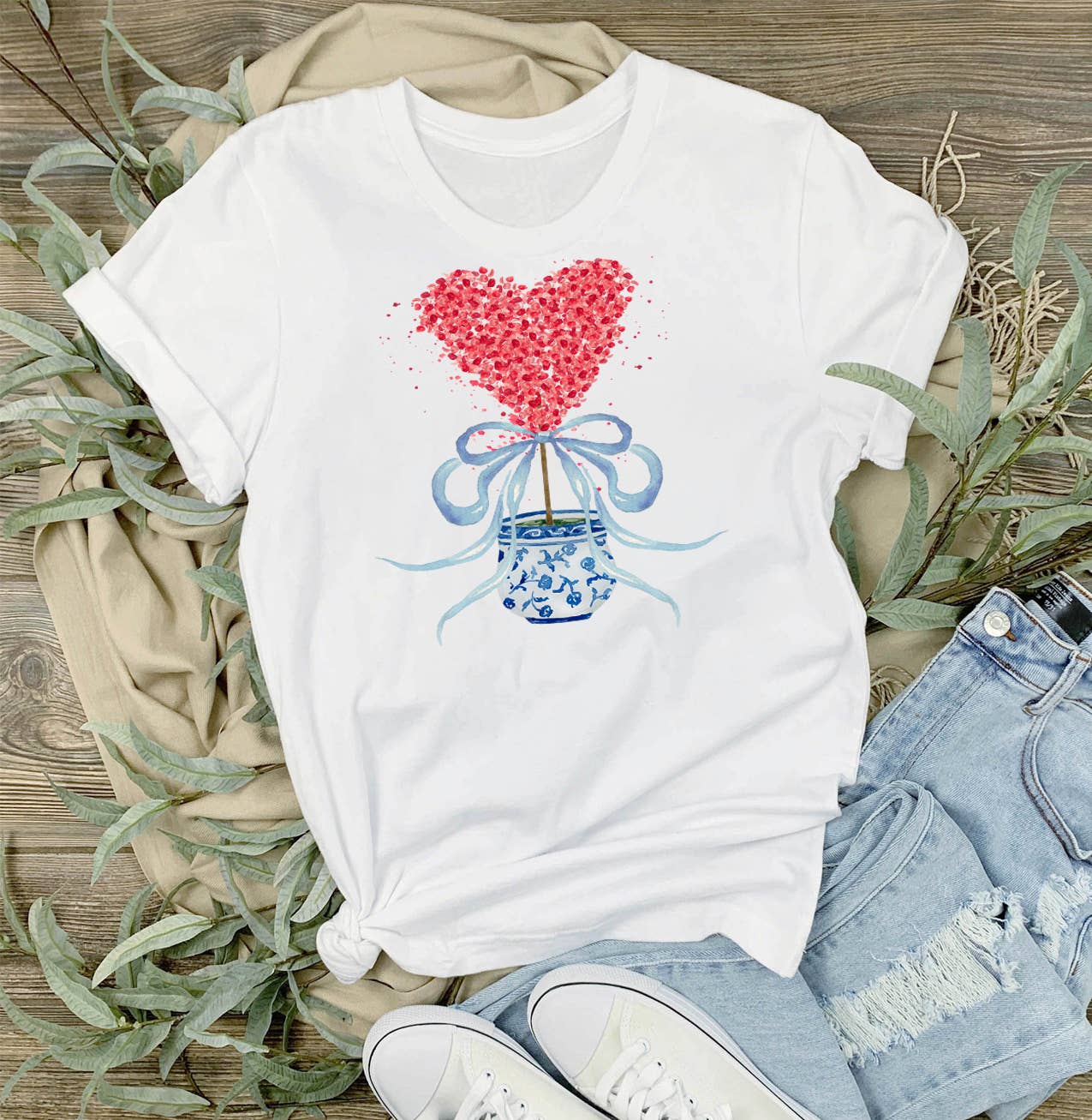 Chinoiserie Blue & White Hearts Topiary T-Shirt