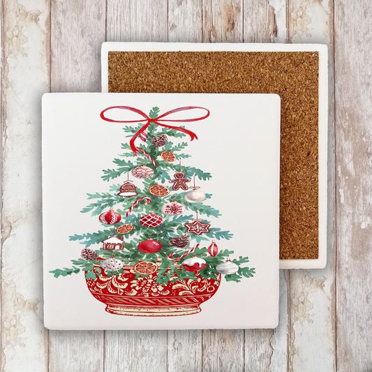 Christmas Chinoiserie Christmas Tree Stone Coaster (Set of 2)