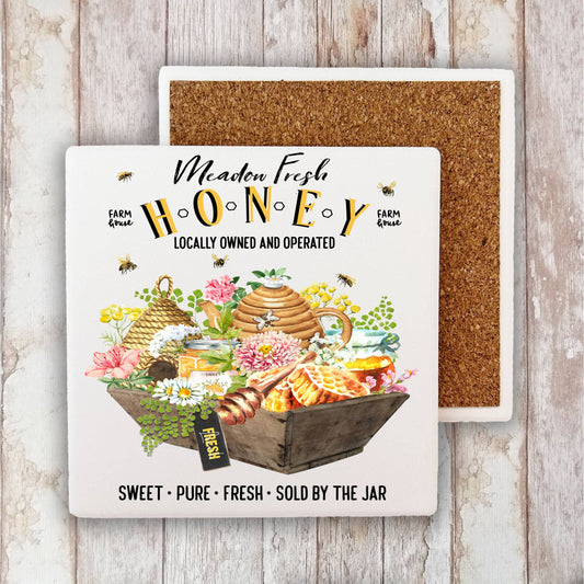 Modern Farmhouse Fresh Honey Bees Stone Coaster-Set of 2