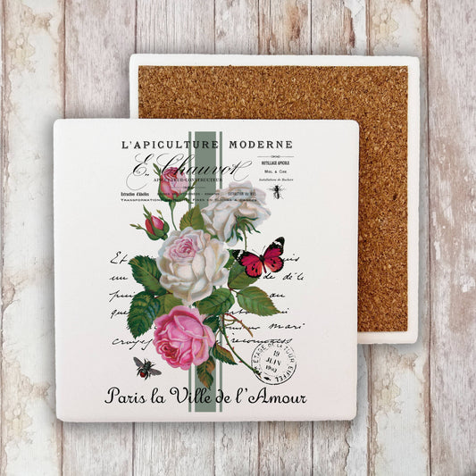 Vintage French Roses Butterfly Stone Coaster