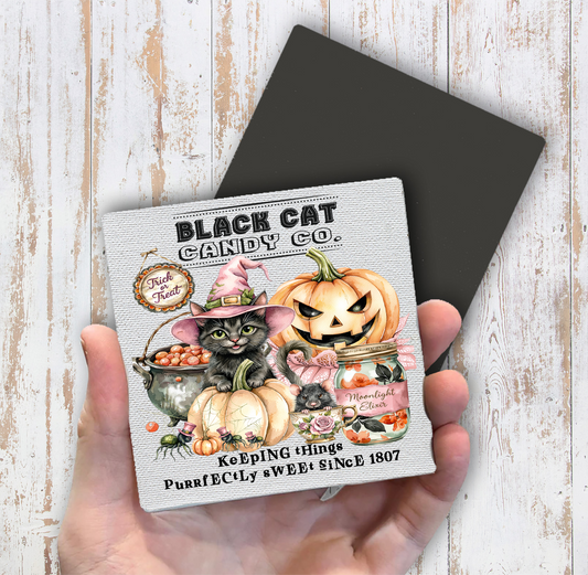 Halloween Black Cat Candy Company Magnet Fridge (Set of 2)