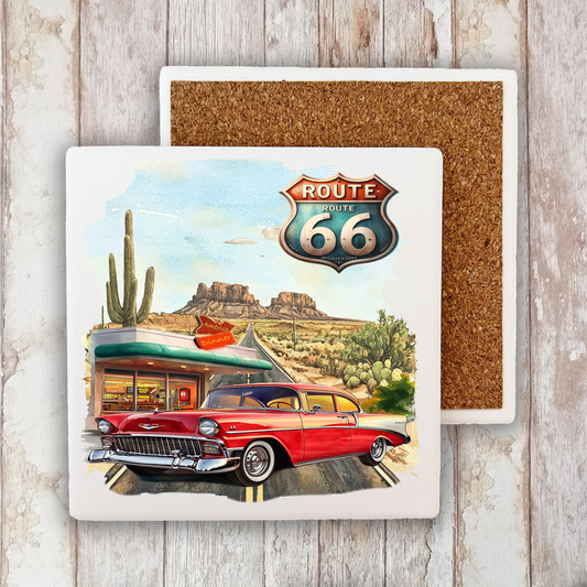 Route 66 Vintage Car Diner  Stone Coaster (Set of 2)