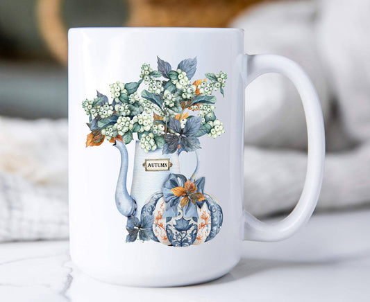 Autumn Blue White Pumpkins Flowers Coffee Mug