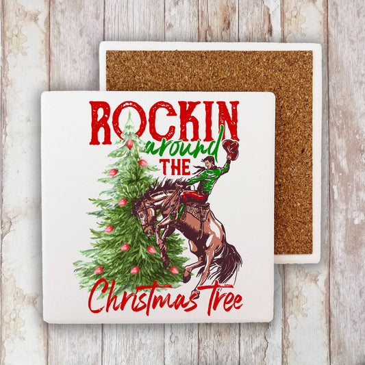 Rockin Around Christmas Tree Western Stone Coaster