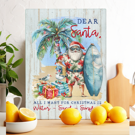 Glass Cutting Board Coastal Dear Santa Christmas Beach