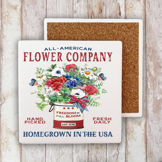 Farmhouse 4th of July Patriotic Flowers Stone Coaster-Set of 2