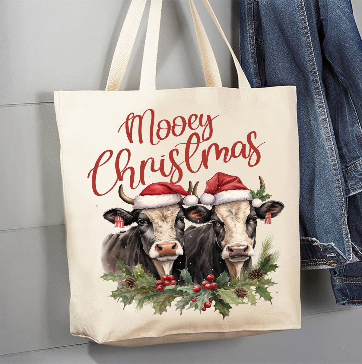 Mooey Christmas Cows Farm Canvas Tote Bag