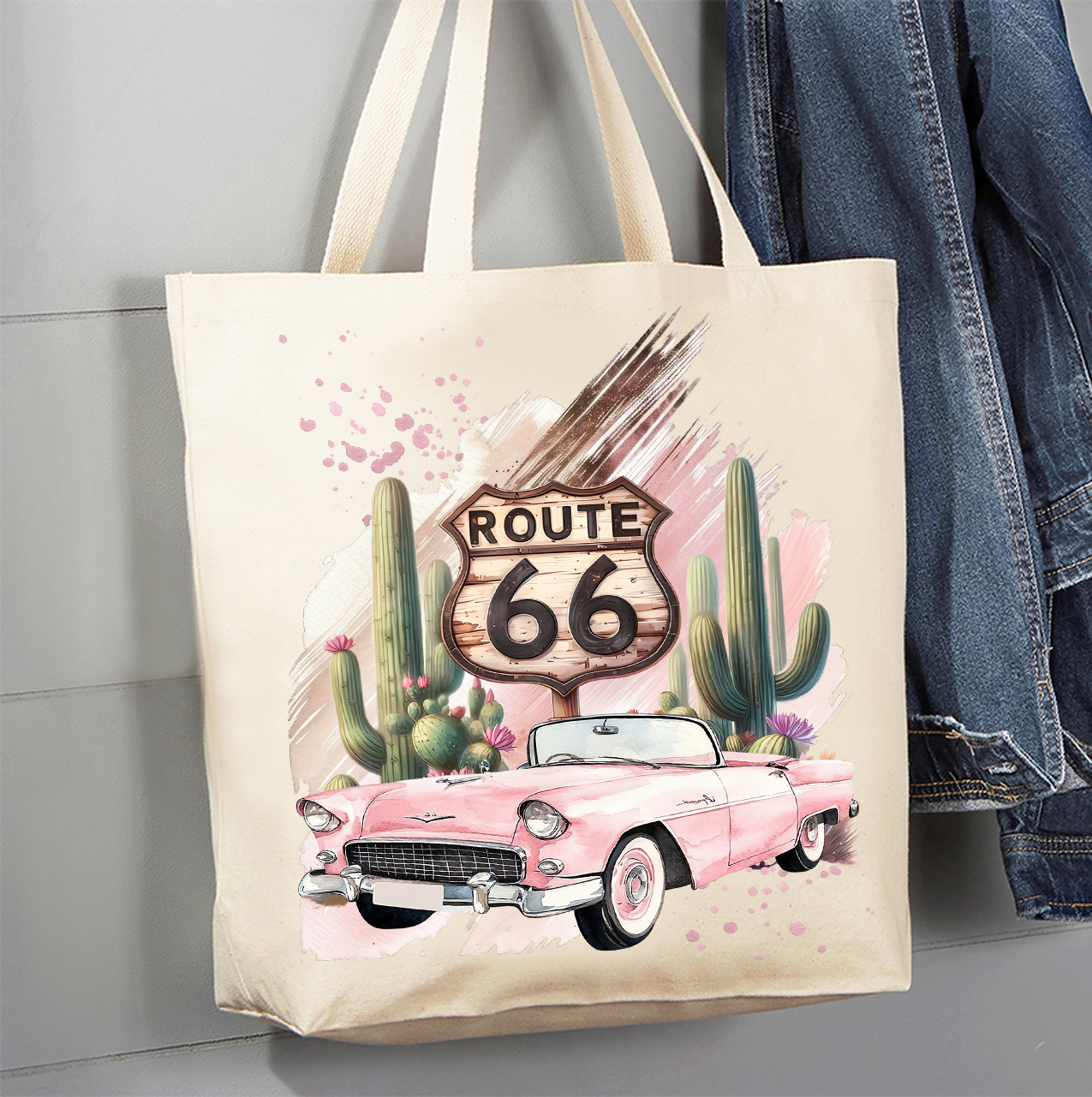 Route 66 Pink Vintage Car  Canvas Tote Bag