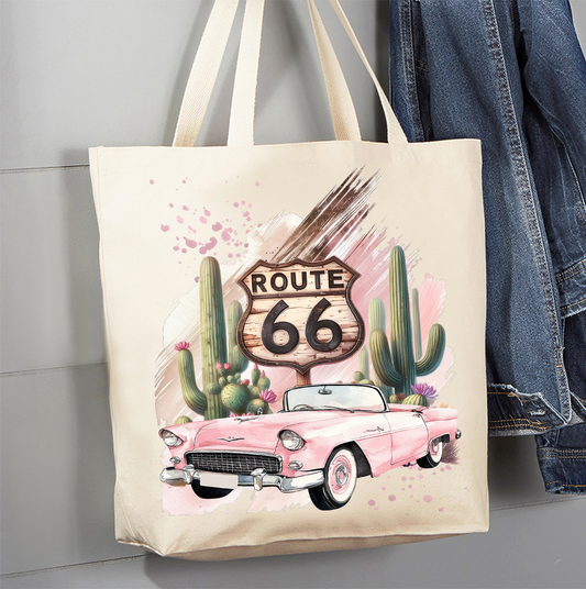 Route 66 Pink Vintage Car  Canvas Tote Bag