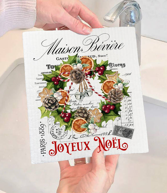 Joyeux Noel Christmas Wreath Swedish Dishcloth-Sets of 2