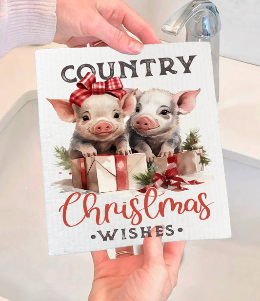 Country Christmas Wishes Piglets Swedish Dishcloth-Sets of 2