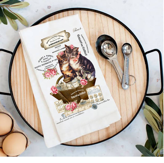 Country Vintage Fench Kittens Cats Tea Towel