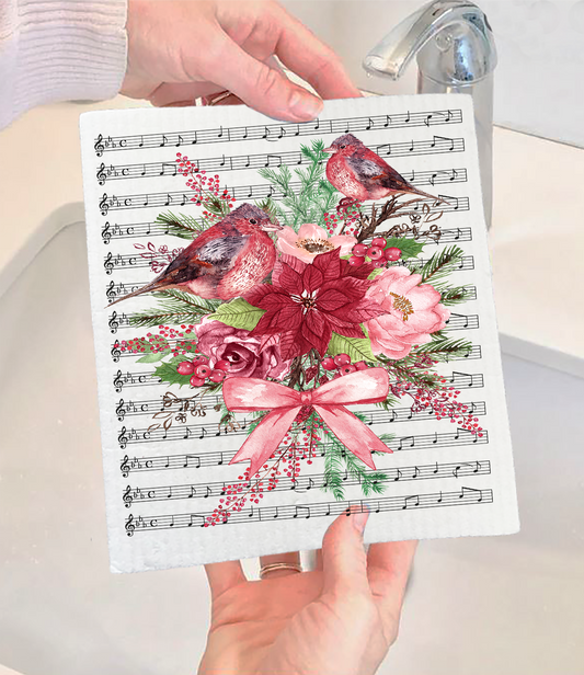 Christmas Red Cardinals Musical Notes Swedish Discloth (Set of 2)