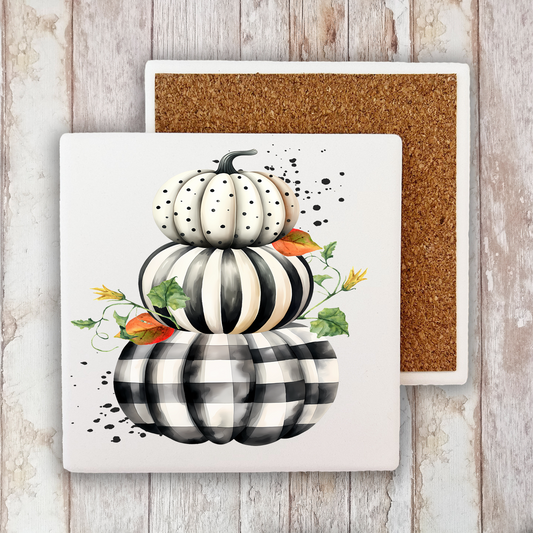 Fall Black and White Checkered Pumpkins Stone Coaster (Set of 2)