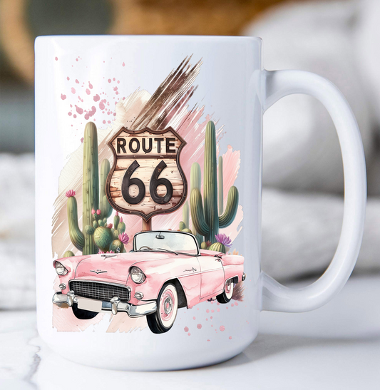 Route 66 Pink Vintage Car  Coffee Mug