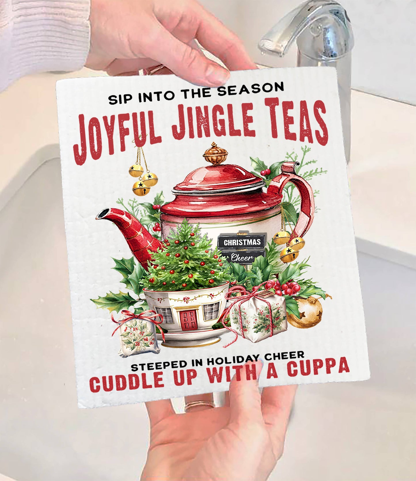 Christmas Joyful Jingle tea Pot Swedish Dishcloth (Set of 2)
