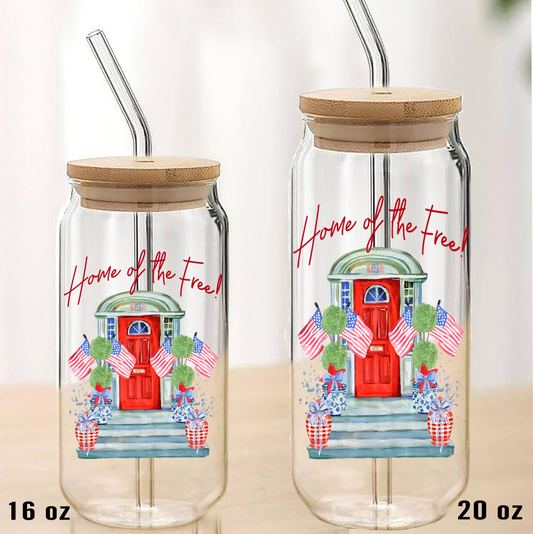 Patriotic Red Door Home of the Free Can Glass with Lid Straw