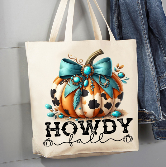 Howdy Fall Turquoise Pumpkin Canvas Tote Bag